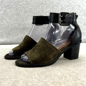 Frye Brielle Leather Suede Ankle Strap Block Heel Sandal - Olive/Black-Women 6 M